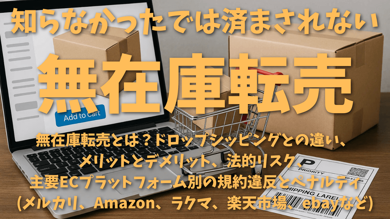 無在庫転売とは？ドロップシッピングとの違い、 メリットとデメリット、法的リスク、 主要ECプラットフォーム別の規約違反とペナルティ (メルカリ、Amazon、ラクマ、楽天市場、ebayなど)